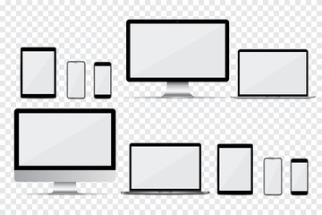 Set of computer monitor, laptop, smartphone and tablet with empty screen on a transparent background