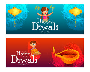 Fototapeta premium Indian kids enjoying firecracker celebrating Diwali light festival of India in vector