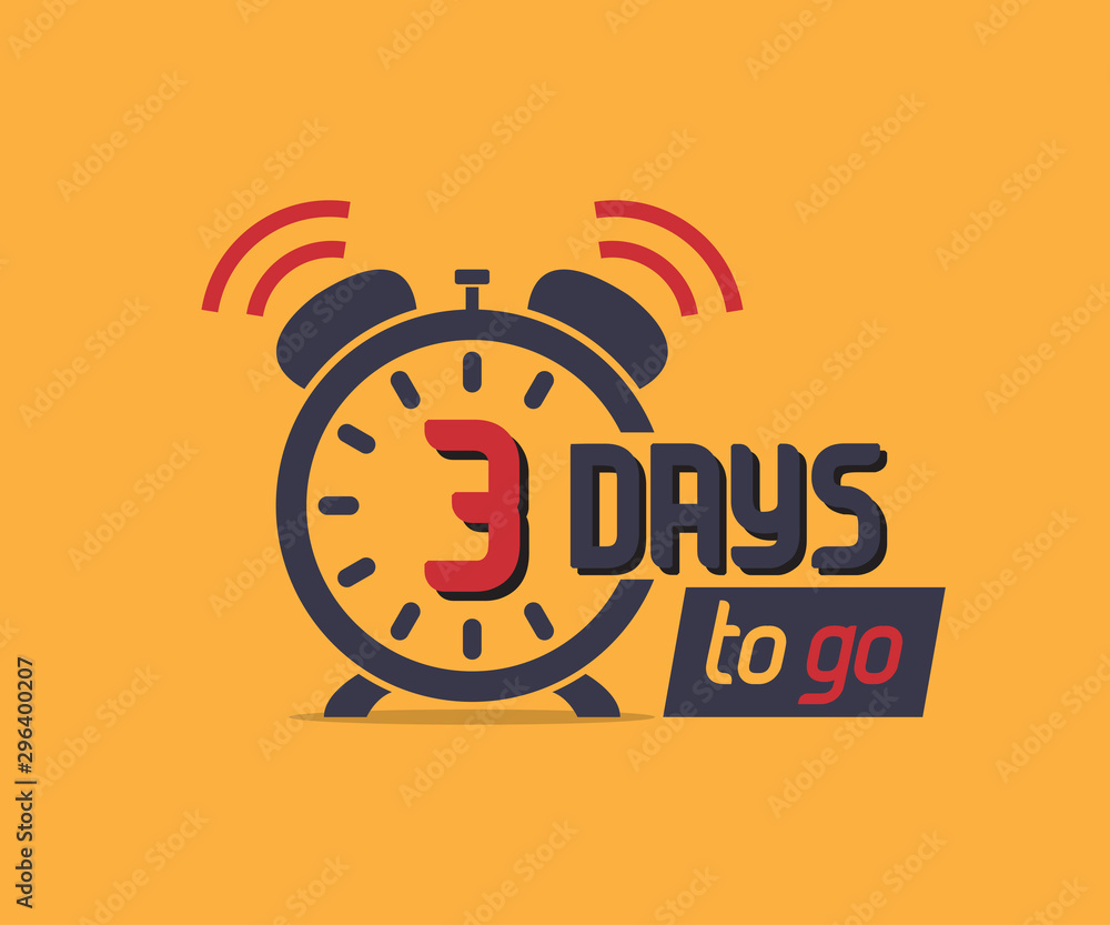 Poster 3 days to go countdown icon with alarm clock. marketing promo icon