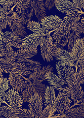 Winter background with golden pine branches on dark blue background. Winter card design.