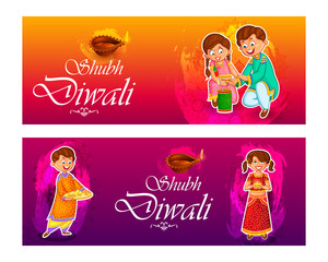 Indian kids enjoying firecracker celebrating Diwali light festival of India in vector