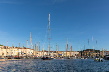 05 OCT 2019 - Saint-Tropez, Var, France - Sailboats in the port during the 2019 edition of 'Les Voiles de Saint-Tropez' regatta