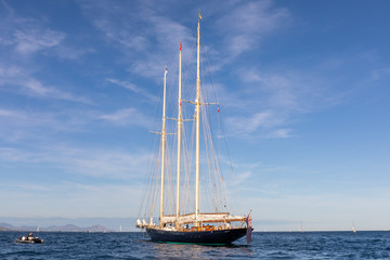 05 OCT 2019 - Saint-Tropez, Var, France - Sailboat in the bay during the 2019 edition of 'Les Voiles de Saint-Tropez' regatta
