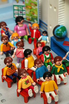 Editorial image of Playmobil Toys school children inside a classroom - circa 2016 - Louvain, Belgium