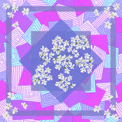 Hand-drawn seamless pattern with white flowers and geometric elements.  Background for printing on scarves, postcards, carpets, bandanas, napkins, home textiles, pareos, hijab, covers.