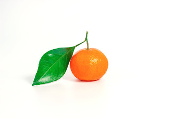 One tangerine with leaf on a white isolated background.
