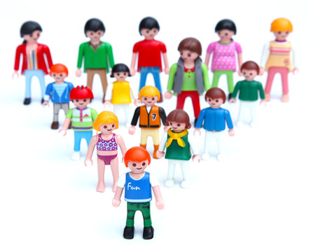 editorial image of colorful Playmobil figurines: teacher with school kids - circa 2016 - Louvain, Belgium