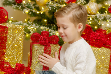 A little boy near the Christmas tree with a gift.