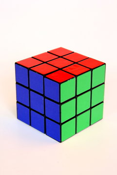 editorial image of Rubik's cube with blue, red and green squares - circa 2009 - Louvain, Belgium