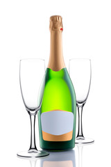 Green full unopened beautiful festive champagne bottle and two transparent empty champagne glasses, one in front of the bottle, the second behind it, isolated on a white background