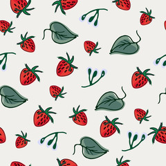 Hand drawn seamless pattern with, strawberry, leaves and flower-buds for surface design and other design projects. Gardening and summer themes