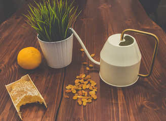 honey in combs next to raisins with green grass leaves on a wooden background