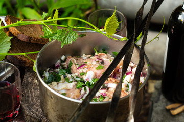 Chicken marinated with herbs and spices for cooking on grill