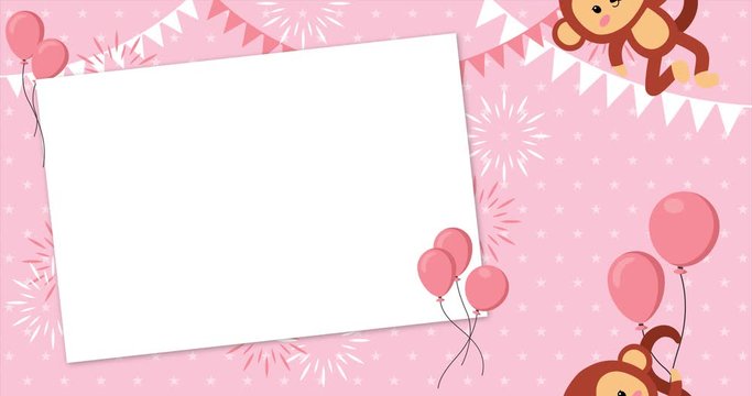 Cute baby monkey flying in the sky with rectangular frame, between colorful balloons, animation made in 4K cartoon vector design. Template, banner for baby shower, mailing, invitation, greeting cards&hellip;