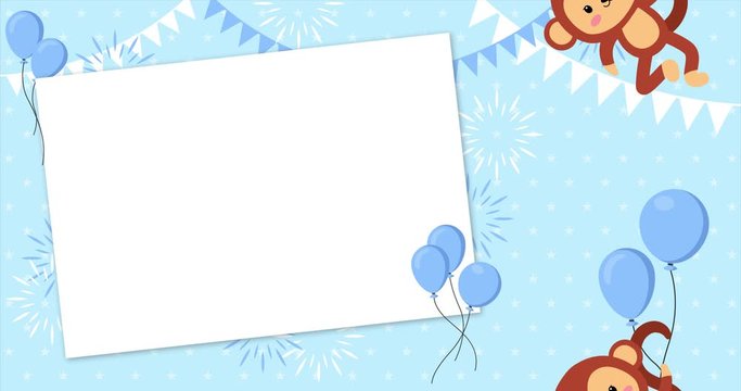 Cute baby monkey flying in the sky with rectangular frame, between colorful balloons, animation made in 4K cartoon vector design. Template, banner for baby shower, mailing, invitation, greeting cards&hellip;
