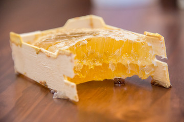 honey in honeycomb on wooden background