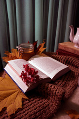 Autumn still life with an open book, with yellow leaves and a knitted scarf and tea set. Cozy still life.