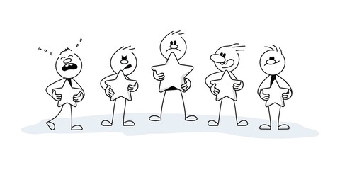 Doodle stick figure: Unhappy people holding five stars. Vector.