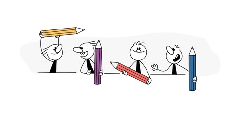 Doodle stick figure: Little people with pencils. Cute miniature scene. Hand drawn cartoon vector illustration for business and school design.