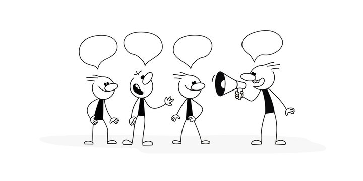 Doodle stick figure:Crowd of working people with speech bubbles and speaker. Cute miniature about teamwork and partnership. Hand drawn cartoon vector illustration for business design and infographic.