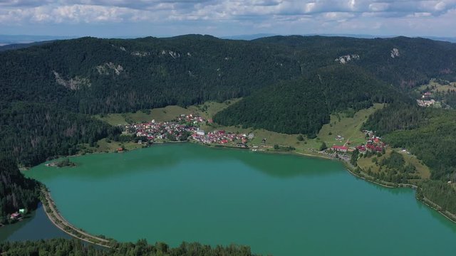 Aerial view of water dam in village Dedinky in Slovakia