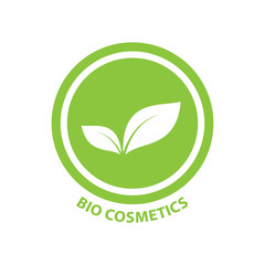 Bio cosmetics circle vector label stamp. Bio cosmetic sign for packaging with leaf.