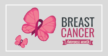 poster breast cancer awareness month with butterflies and ribbon vector illustration design