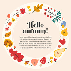 Autumn template with circle background with hand drawn cartoon illustrations. Place for your text. Vector backdrop.
