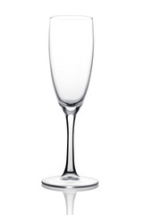 Single transparent clean empty champagne or wine glass isolated on a white background. Clipping path. Side view. Studio shot