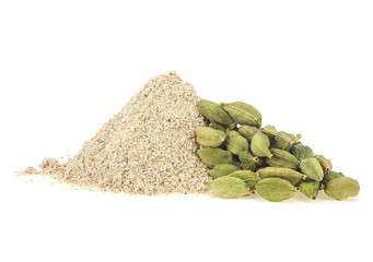 Pile of cardamom spices isolated on a white background, powder and pods.