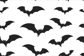 Bats wrapping paper seamless pattern for Halloween greeting card. Simple paper cut bat texture, horror symbol, black vector illustration on white background.