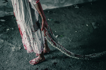 Horror ghost woman towing rope with resentment  torture and ask for help blood in hand, Halloween murder concept.