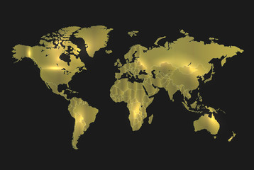 Fototapeta na wymiar World map gold separate states, realistic light and background dark vector