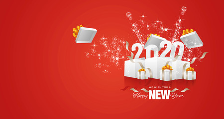 Happy New Year 2020 firework gift box red landscape greeting card
