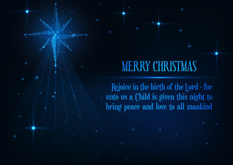 Merry Christmas greeting card with glowing low poly nativity Bethlehem star and religious phrase.