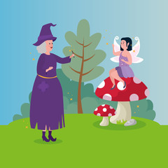 witch with fairy in scene fairytale vector illustration design