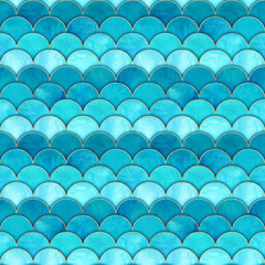 Mermaid fish scale wave japanese seamless pattern
