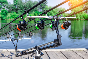 carp fishing rods.Carpfishing session at the Lake.