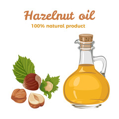 Hazelnut oil in glass bottle isolated on  white background. Vector illustration of healthy food in cartoon flat simple style.