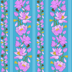 Pink Lotus flowers and buds, seamless pattern