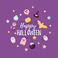 Fototapeta na wymiar Happy Halloween banner with a Lettering. Flat style Halloween icons scary ghost, pumpkin, witch hat, bat, potion bottle, skull, skeleton, spider net, cat.