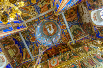 Frescoes painted ceiling, arch and cupola of Cathedral of the Nativity in the Kremlin of Suzdal, well preserved old Russian town-museum. A member of the Golden ring of Russia