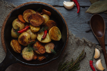 fried potatoes with chili peppers in a pan on a wooden table in a rustic style