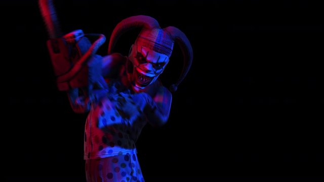 Creepy seamless animation of an horror clown with a chainsaw. Halloween background of a terror character isolated with alpha channel