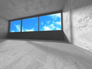 Concrete room wall construction on cloudy sky background