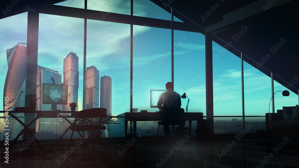 Poster a web designer works in an office with large windows.