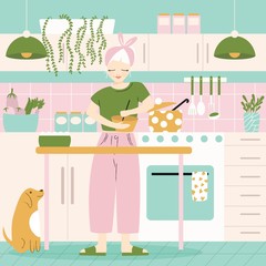 A woman in her kitchen with food and dog. Home atmosphere, healthy food, world food day. Flat vector illustration