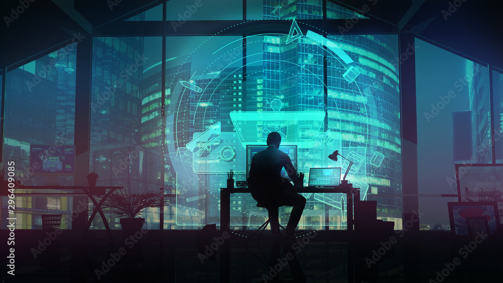 Poster silhouette of a man in an office working with a virtual interface.