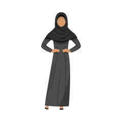 Muslim girl in a traditional ethnic black hijab. Vector illustration in flat cartoon style.