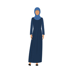 Muslim girl in a traditional ethnic dark blue hijab. Vector illustration in flat cartoon style.